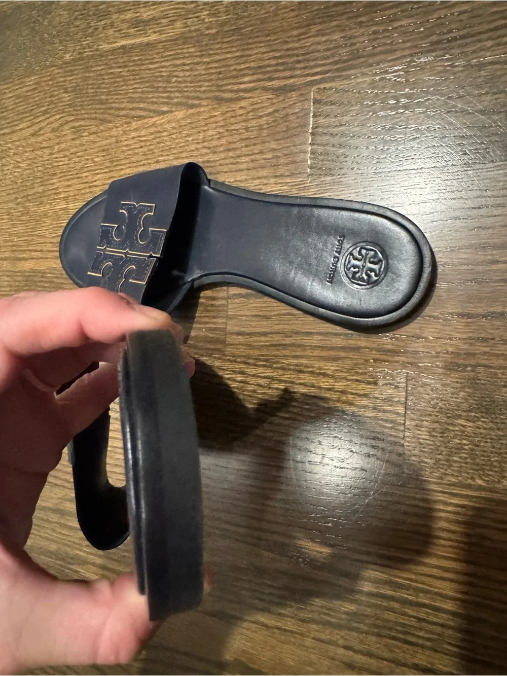 Tory Burch Double-T Sport Slide Sandal Navy Gold 10 Summer Designer Luxury